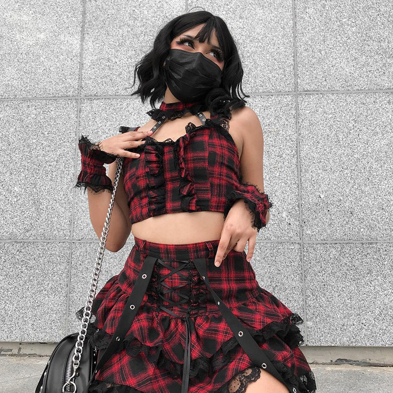 Dark Plaid Suspender Lace Strap Pleated Skirt