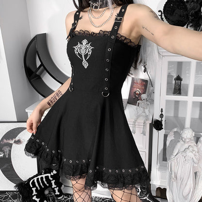 Dark Webbing A-line Lace Vest Dress