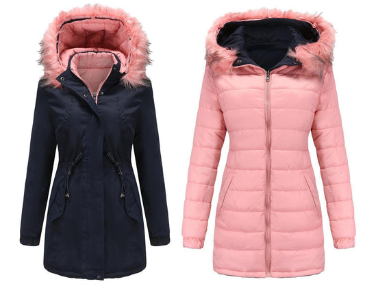 Quilted Parka with Detachable Fur Collar Hat Reversible Cotton Padded Coat - Wicked Vixsin