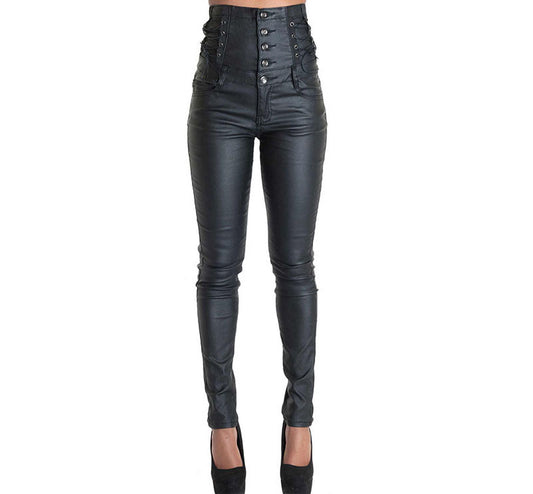 High Waist Faux Leather Skinny Pants with Lace-Up Detail - Wicked Vixsin