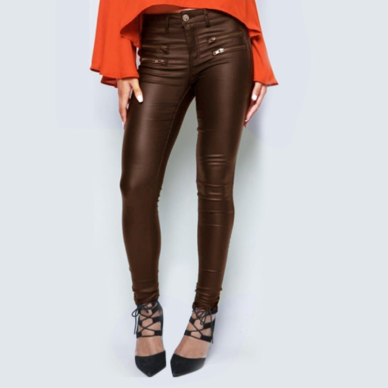 Low Waist Faux Leather Stretch Pants with Double Zipper Detail - Wicked Vixsin