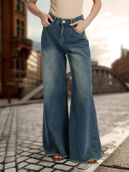 Wide Leg Washed Denim Elephant Bell Jeans - Wicked Vixsin