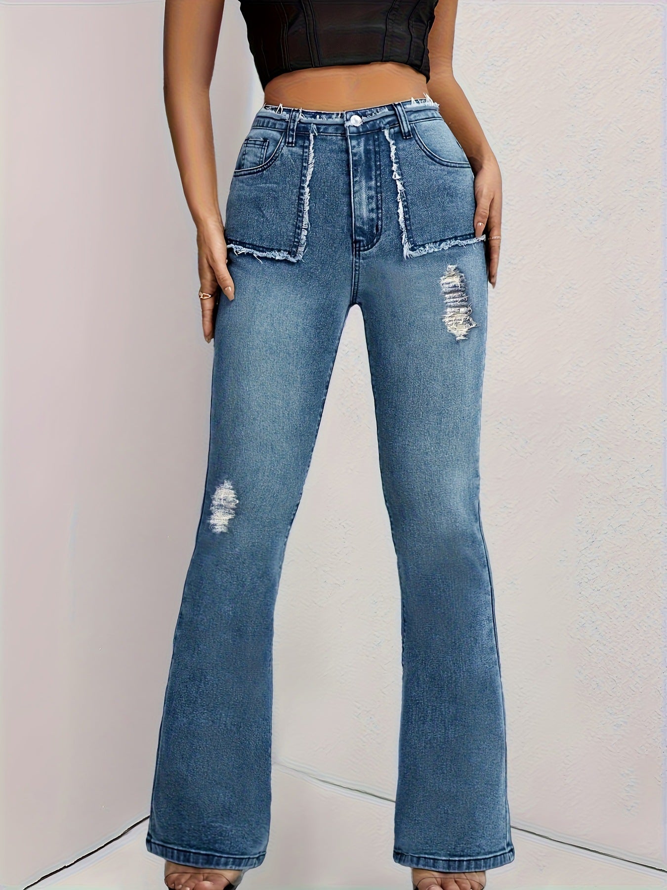 High Waist Bootcut Jeans with Stitching & Burr Pocket Design - Wicked Vixsin