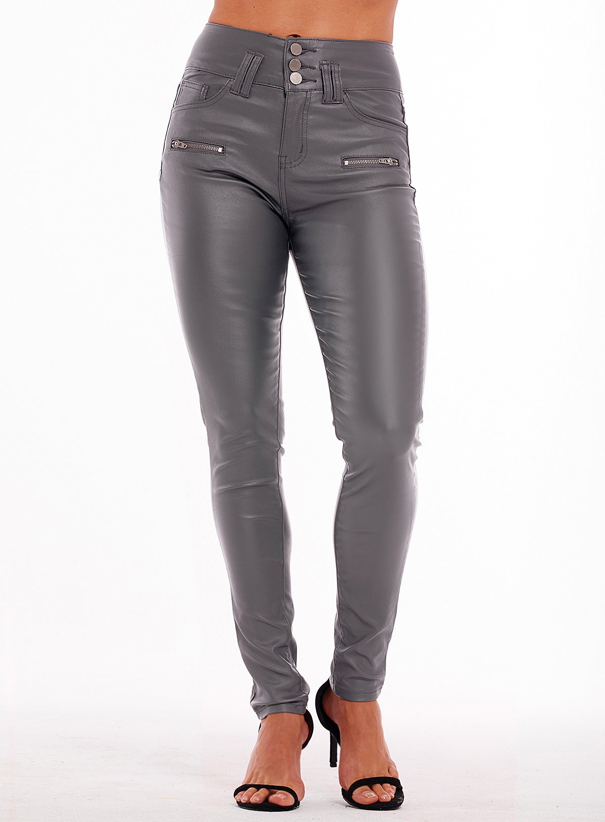 High Waist Faux Leather Skinny Pants with 3 Button Detail - Wicked Vixsin