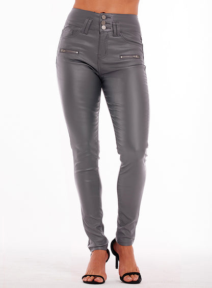 High Waist Faux Leather Skinny Pants with 3 Button Detail - Wicked Vixsin