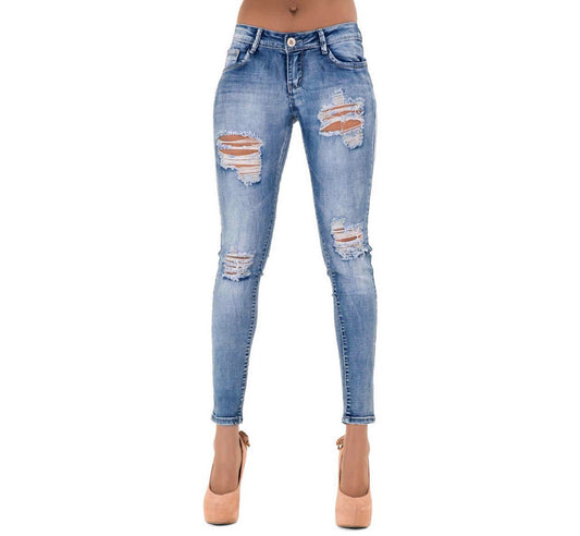 Distressed Low Waist Stretch Denim Skinny Jeans with Ripped Details - Wicked Vixsin