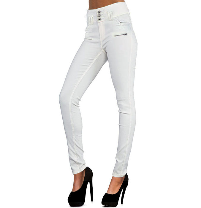 High Waist Faux Leather Button-Up Pants - Denim Look - Wicked Vixsin