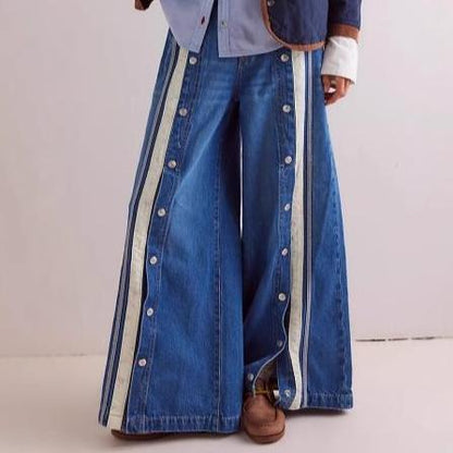 Wide Leg Button Sides Denim Jeans - Wicked Vixsin