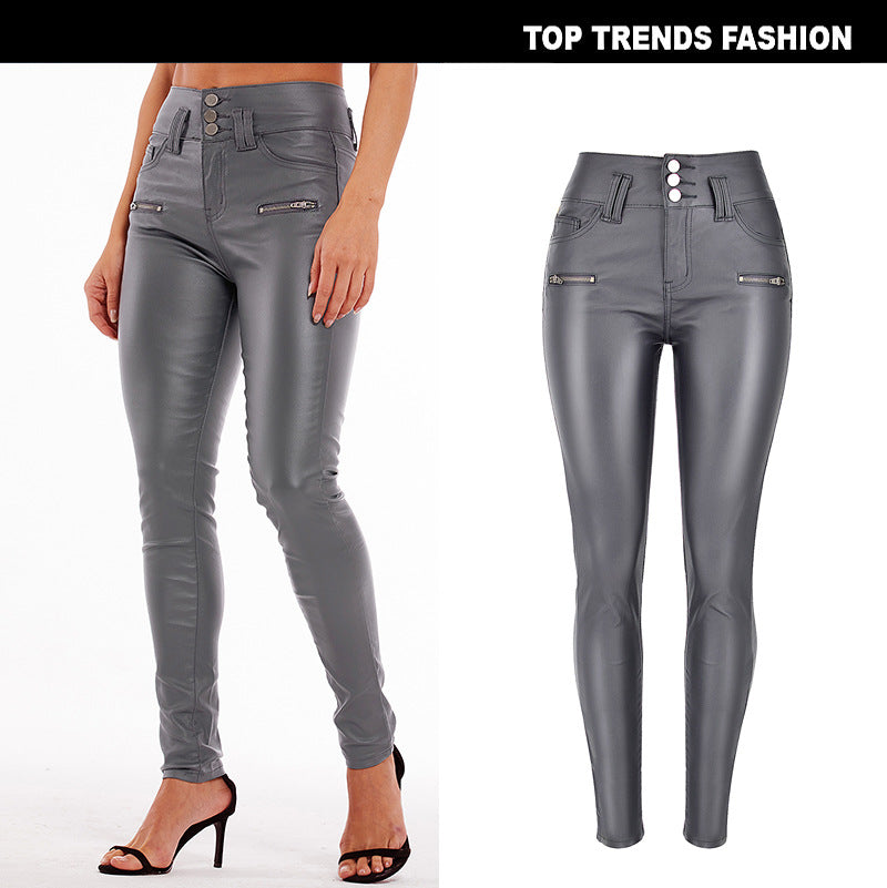 High Waist Faux Leather Skinny Pants with 3 Button Detail - Wicked Vixsin