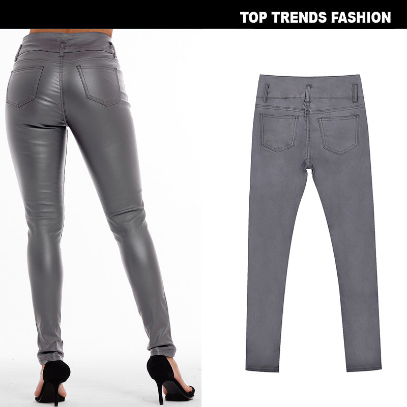 High Waist Faux Leather Skinny Pants with 3 Button Detail - Wicked Vixsin