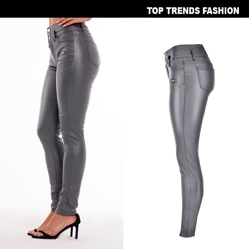 High Waist Faux Leather Skinny Pants with 3 Button Detail - Wicked Vixsin