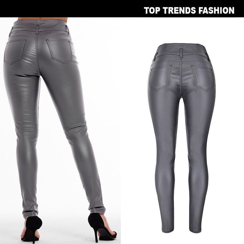 High Waist Faux Leather Skinny Pants with 3 Button Detail - Wicked Vixsin