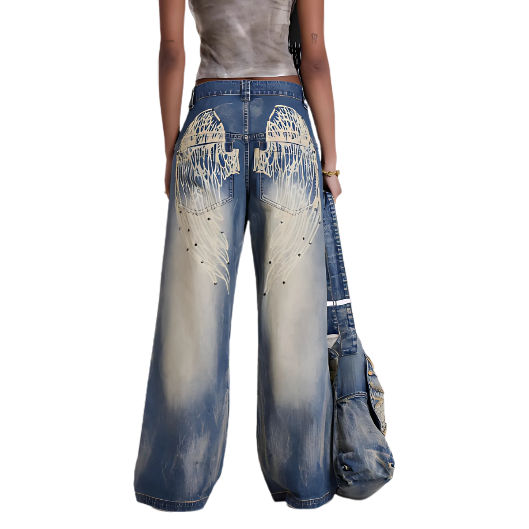 Wide Leg Denim with Wings Print - Wicked Vixsin