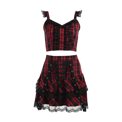 Dark Plaid Suspender Lace Strap Pleated Skirt