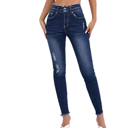 Dark Blue Ripped Skinny Jeans with Double Buckle and Raw Hem - Wicked Vixsin