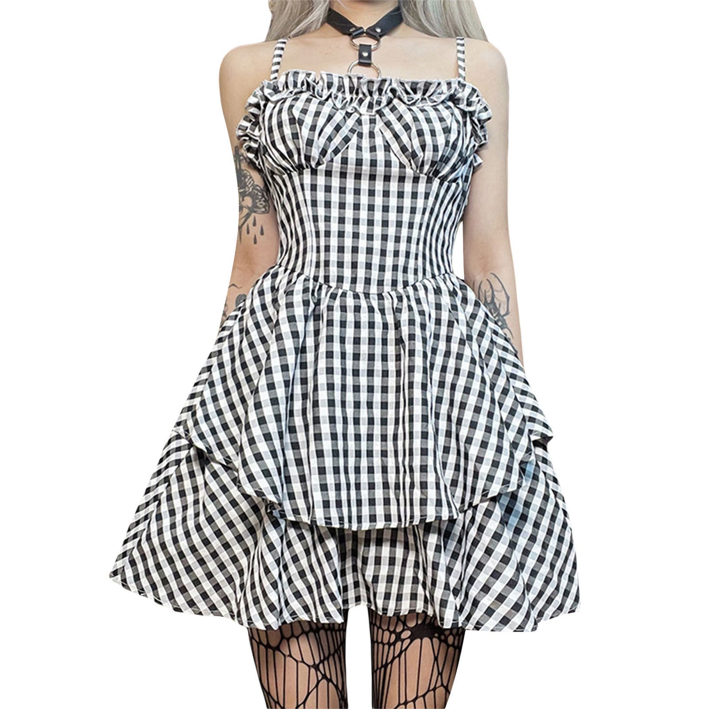 Waist-tight Dark Plaid Sling Lace Puff Dress