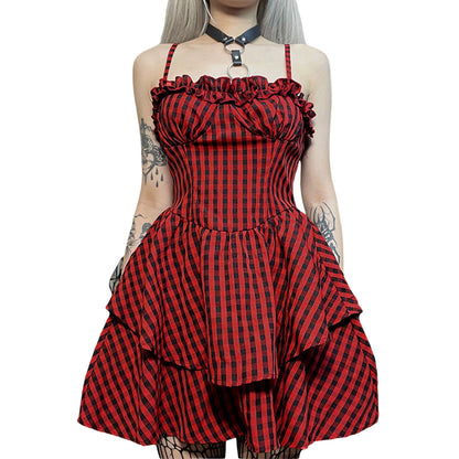 Waist-tight Dark Plaid Sling Lace Puff Dress