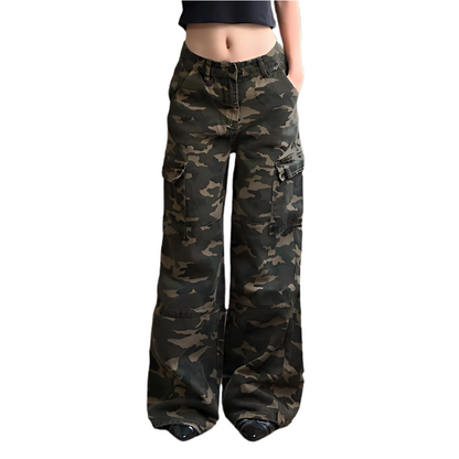 Camouflage Multi Pocket Low Waist Wide Leg Trousers - Wicked Vixsin