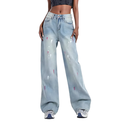 High Waist Distressed Ink Splash Design Wide Leg Jeans - Wicked Vixsin