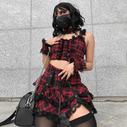 Dark Plaid Suspender Lace Strap Pleated Skirt