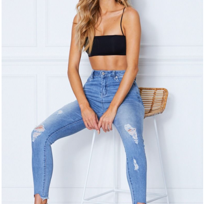 High Waist Slim Elastic Washed Frayed Asymmetric Edge - Wicked Vixsin