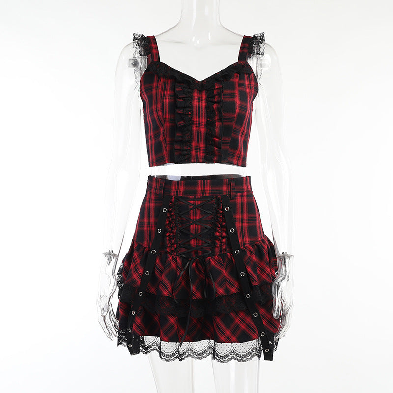 Dark Plaid Suspender Lace Strap Pleated Skirt