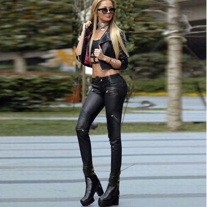 Faux Leather Skinny Motorcycle Pants with Multi-Zipper Details - Wicked Vixsin