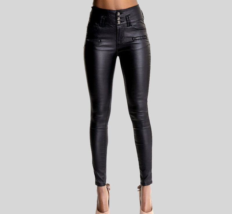 High Waist Faux Leather Skinny Pants with 3-Button Detail - Wicked Vixsin