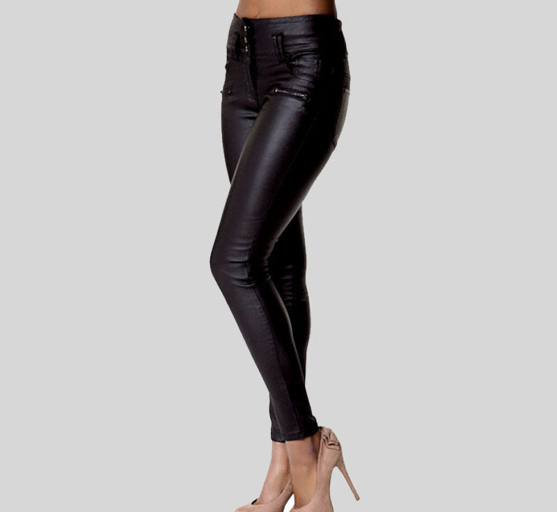 High Waist Faux Leather Skinny Pants with 3-Button Detail - Wicked Vixsin