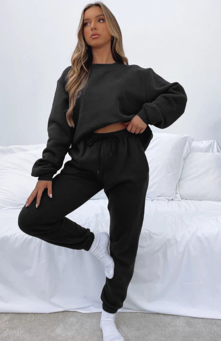 Solid Color Crew Neck Sweatshirt & Sweatpants Set - Wicked Vixsin