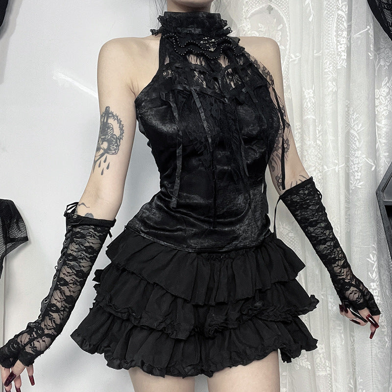 Gothic Bow Tie Top with Pleated Rose and Cobweb Design - Wicked Vixsin