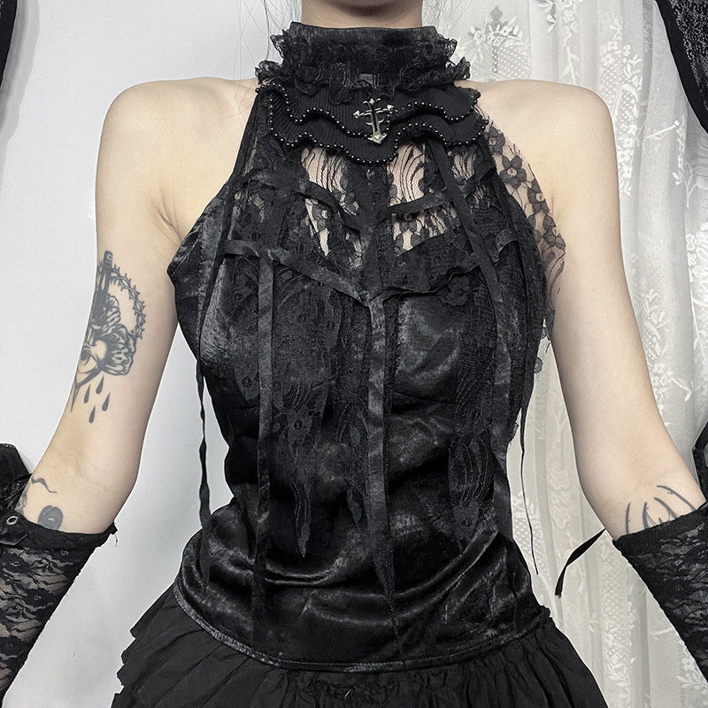 Gothic Bow Tie Top with Pleated Rose and Cobweb Design - Wicked Vixsin