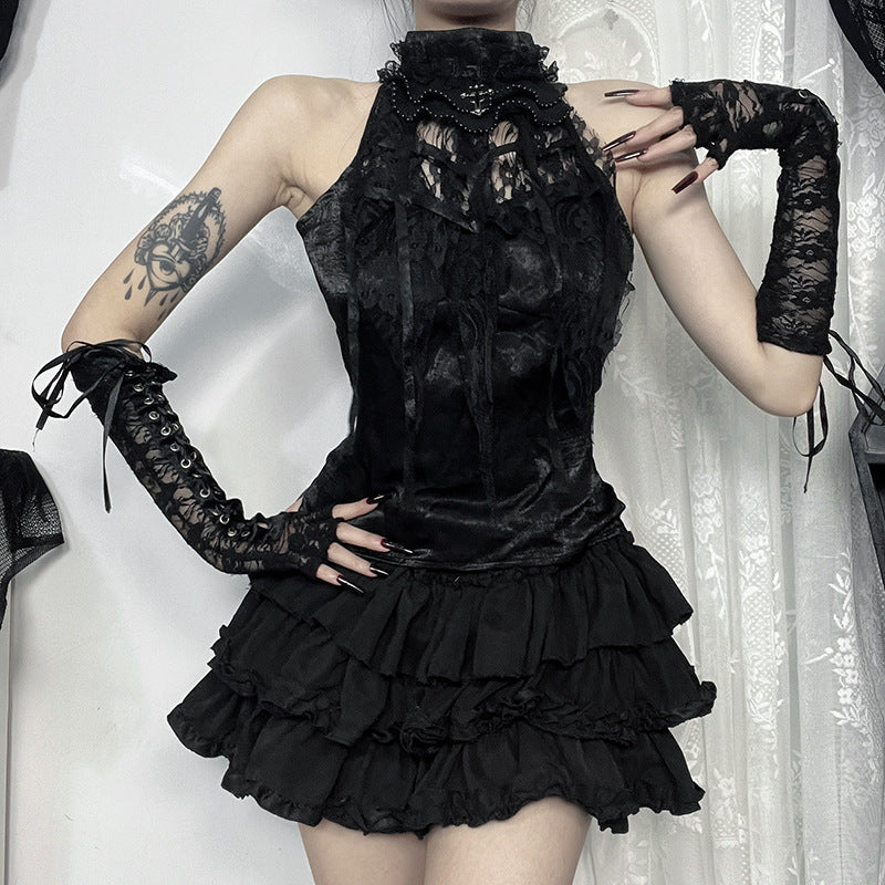 Gothic Bow Tie Top with Pleated Rose and Cobweb Design - Wicked Vixsin