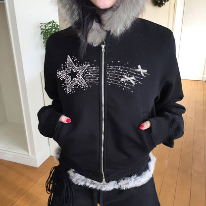 Star Element Fur Collar Double-Zipper Hoodie with Slim Pockets - Wicked Vixsin