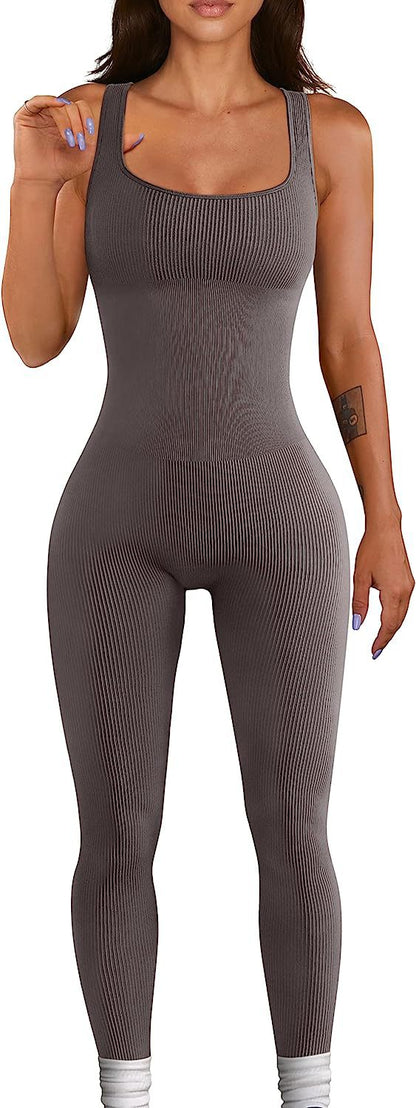 Ribbed Square Collar Yoga Sleeveless Jumpsuit - Wicked Vixsin