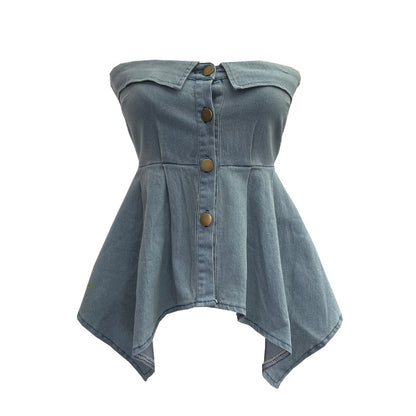 Asymmetric Hem Denim Tube Top - Wicked Vixsin