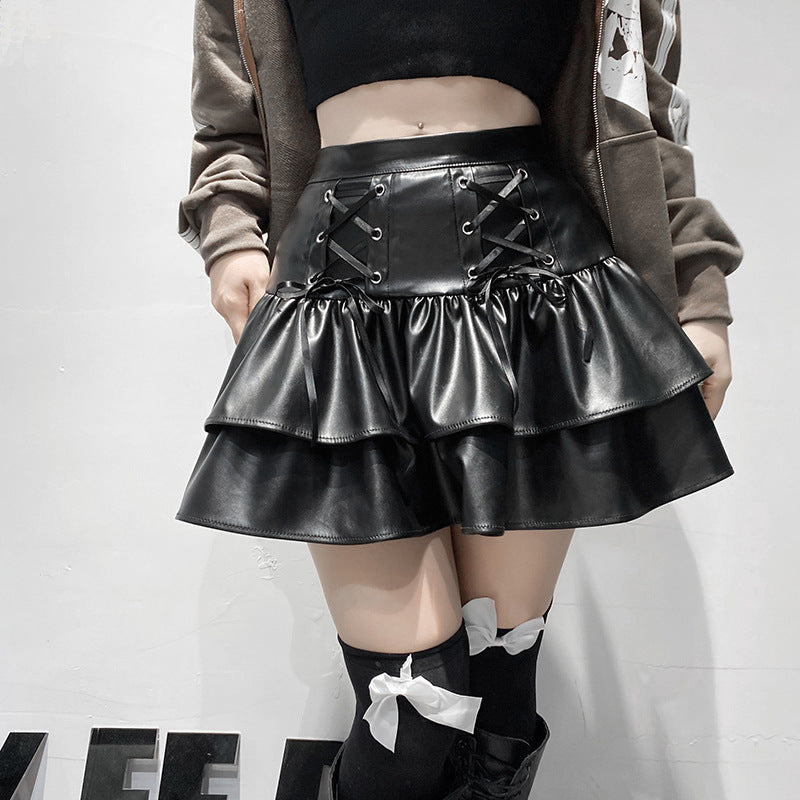 Dark Criss Cross Lace up Slimming Leather Skirt Double-Layer Stitching Faux Leather Zipper Pleated Skirt - Wicked Vixsin