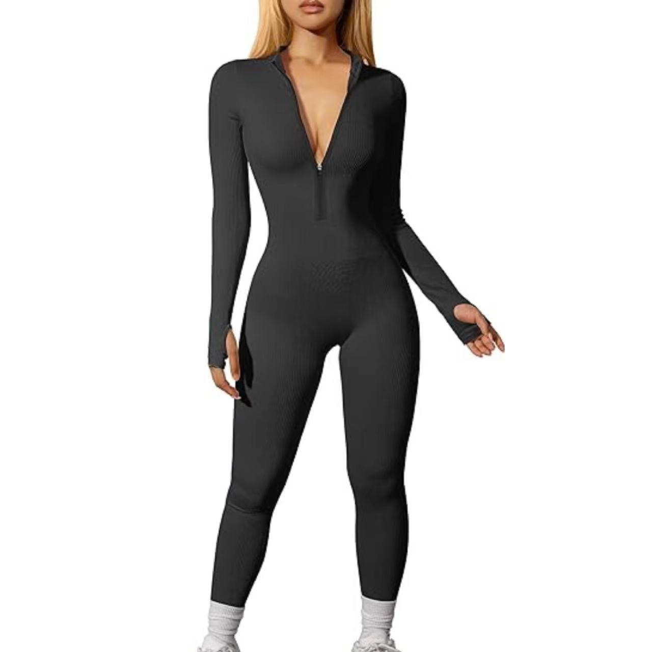 Ribbed Workout Long Sleeve Zipper Jumpsuit - Wicked Vixsin