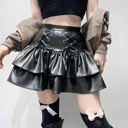 Dark Criss Cross Lace up Slimming Leather Skirt Double-Layer Stitching Faux Leather Zipper Pleated Skirt - Wicked Vixsin