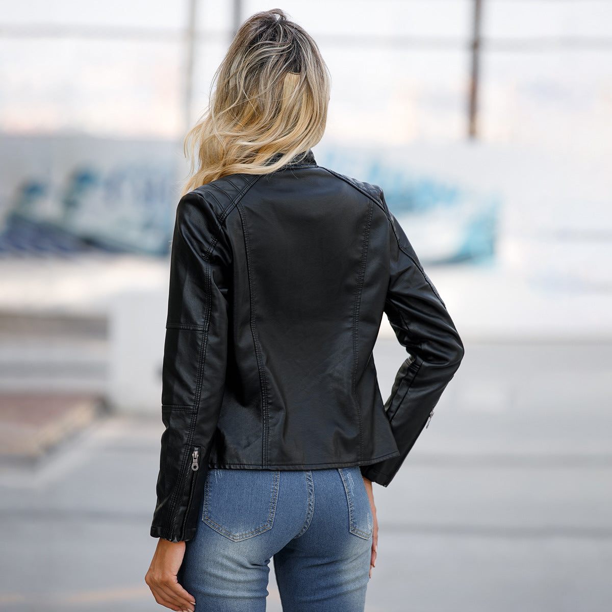 Slim Leather Motorcycle Jacket with Stand Collar - Wicked Vixsin