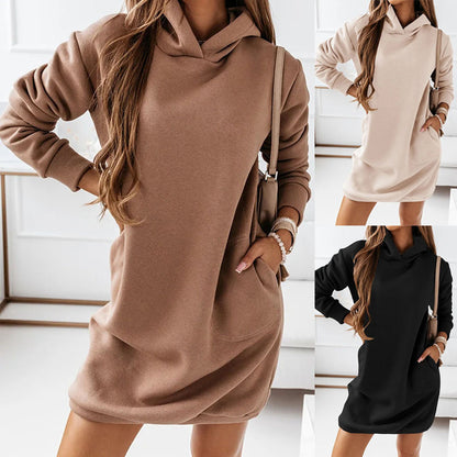 Autumn Winter New Women Clothing Hooded Hipster Long Sleeve Solid Color Women Dress Plus Size - Wicked Vixsin