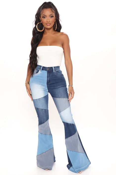 High Rise Patch Stitching Wide Leg Flare Jeans - Wicked Vixsin