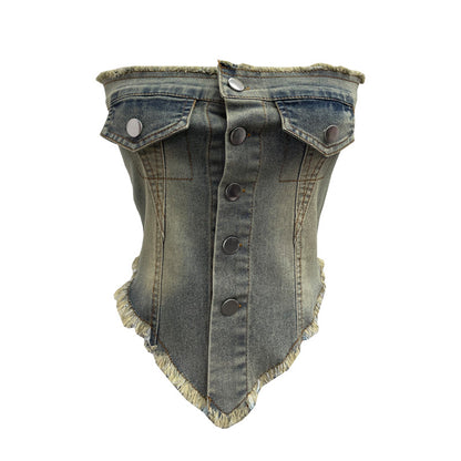 Asymmetric Raw Hem Denim Tube Top - Wicked Vixsin