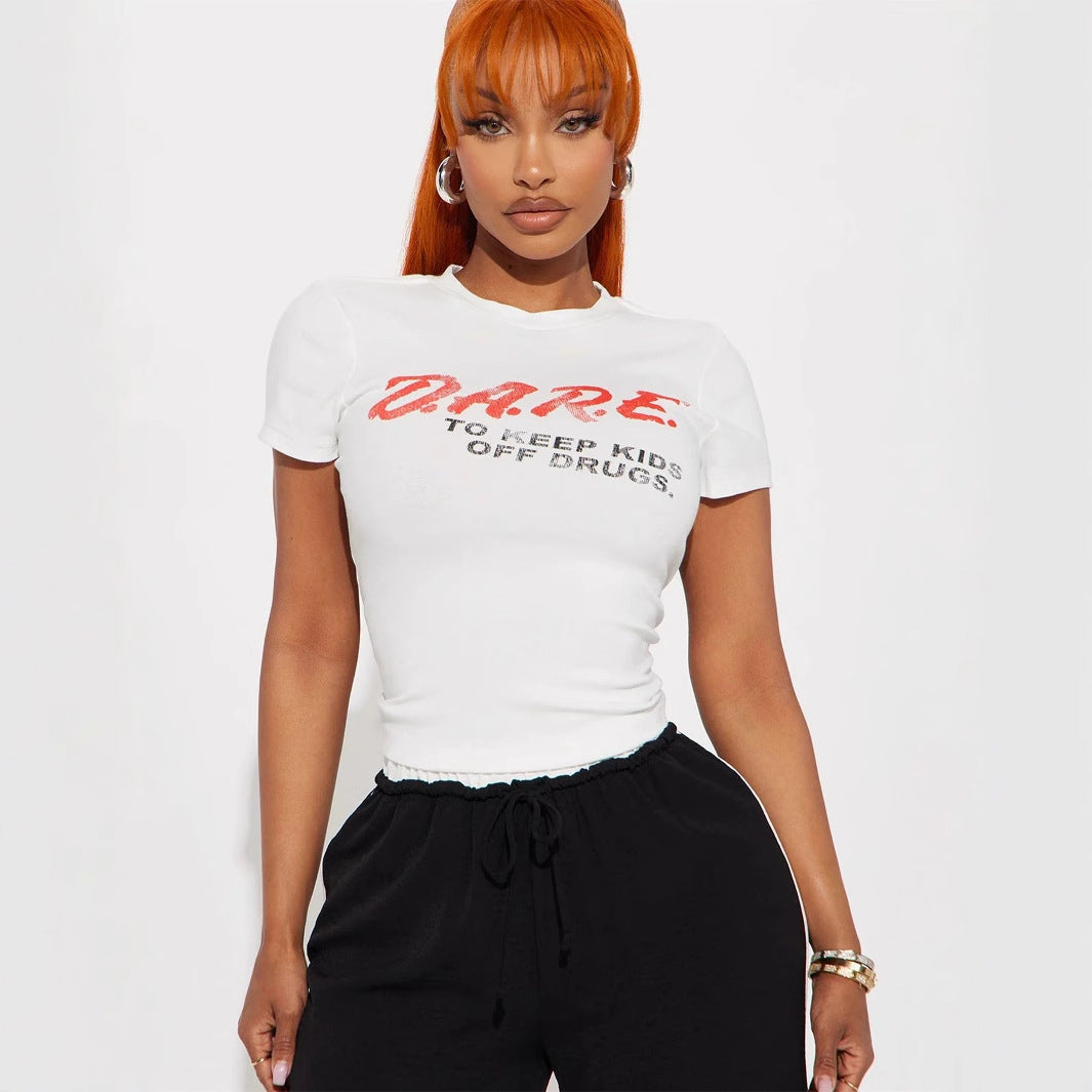 White & Red Short Sleeved Dare Crop Top - Wicked Vixsin