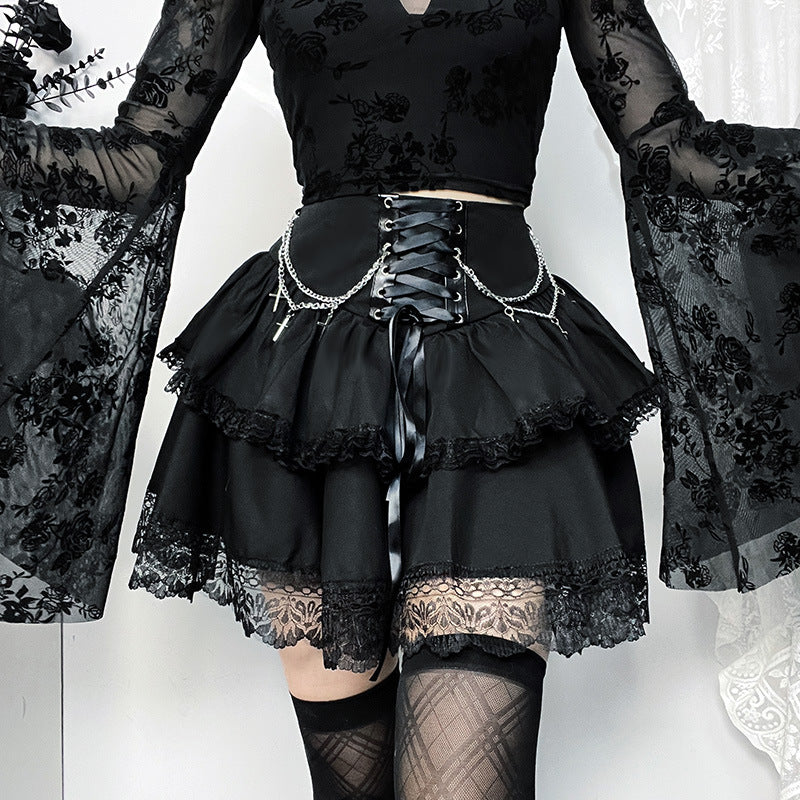 Chain Cross Double Layer Lace Up Skirt - Wicked Vixsin