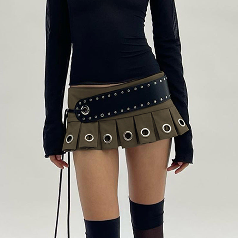 Lace Up Leather Pleated Mini Skirt with Big Belt