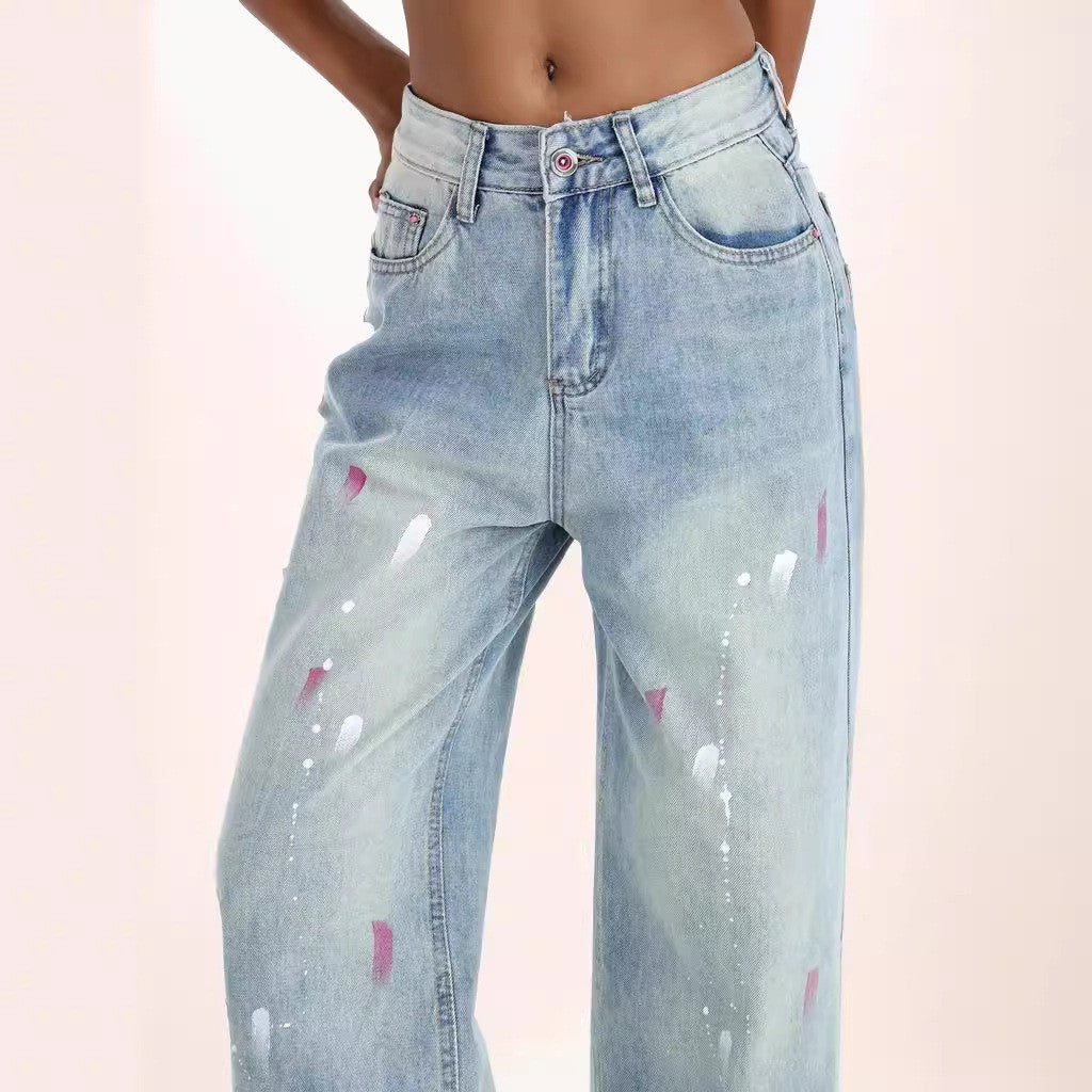 High Waist Distressed Ink Splash Design Wide Leg Jeans - Wicked Vixsin