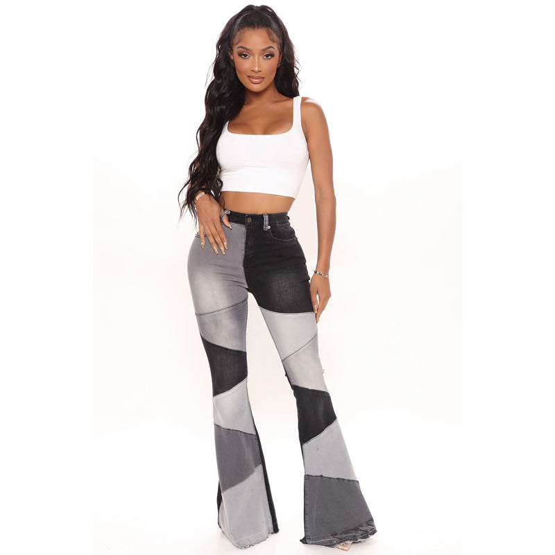 High Rise Patch Stitching Wide Leg Flare Jeans - Wicked Vixsin