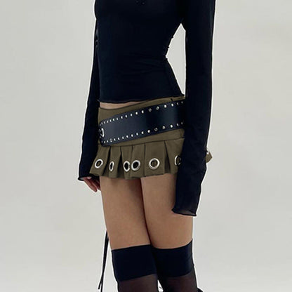 Lace Up Leather Pleated Mini Skirt with Big Belt