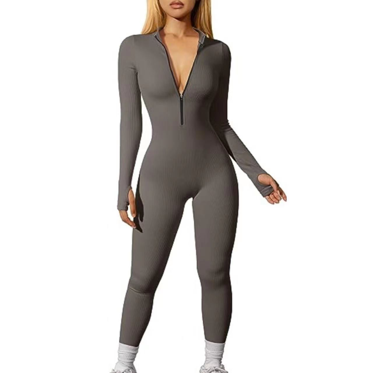 Ribbed Workout Long Sleeve Zipper Jumpsuit - Wicked Vixsin